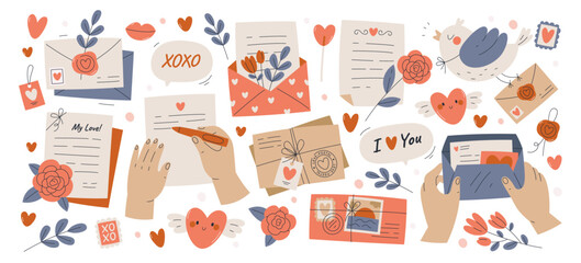 Hand writing romantic love letters and sending, craft postal envelopes with post cards and messages
