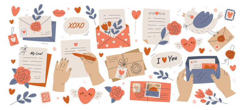 Hand writing romantic love letters and sending, craft postal envelopes with post cards and messages