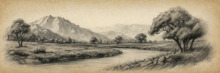 Pencil Drawing of a River and Mountains