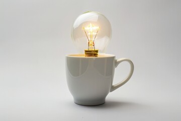 Light bulb inside coffee mug, idea, creativity and innovation concept, white background.