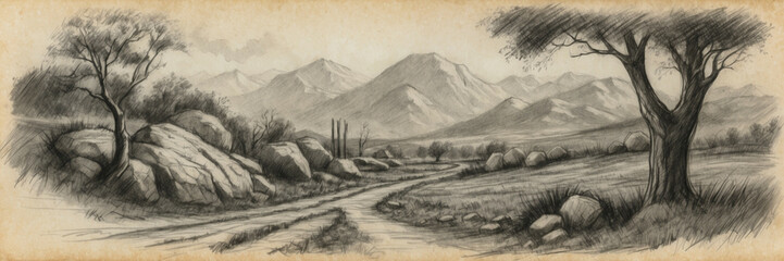 Black and White Drawing of a Landscape