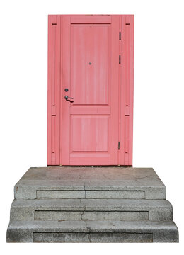 Old stone staircase and new pink door isolated