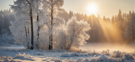 Sun Shining Through Snow-Covered Trees