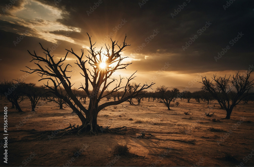 Wall mural Sun Setting Behind Barren Tree