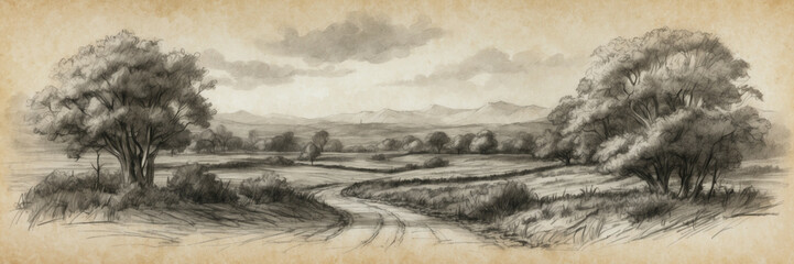 Drawing of a Country Road With Trees