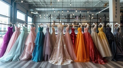 A sophisticated dress rental boutique offering a curated selection of elegant formal attire, including colorful wedding dresses, evening gowns, and prom dresses. - obrazy, fototapety, plakaty