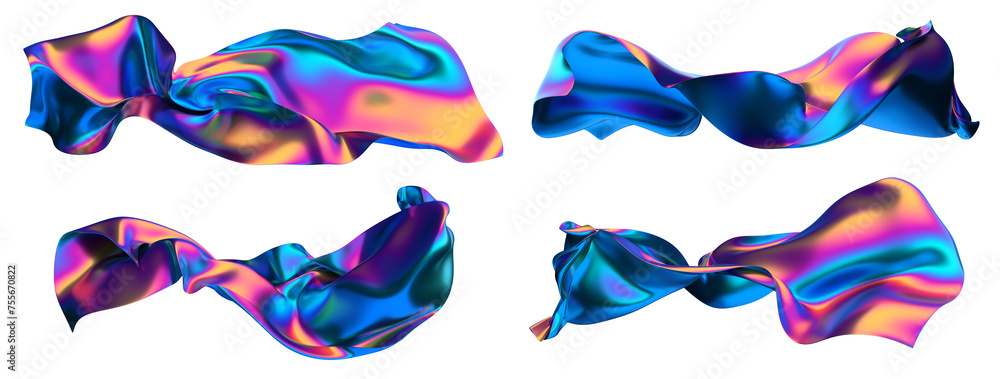 Poster set of abstract iridescent shapes, 3d render