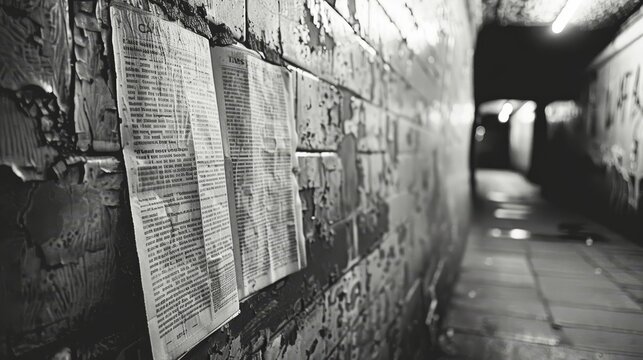  A black and white photo of a wall with newspaper.