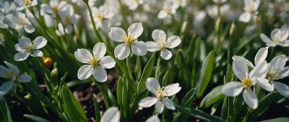 Vibrant White Spring Flowers Blooming in a Lush Green Meadow During Daytime