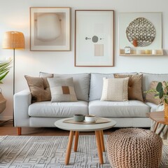 Modern living room interior featuring a comfortable sofa, stylish furniture, and contemporary decor