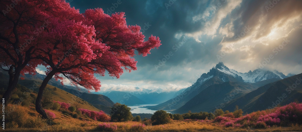 Poster vivid pink blossoms adorn trees in mountainous landscape