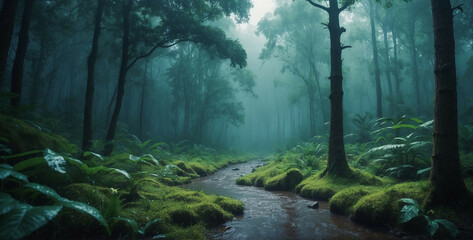 Serene Rain-Drenched Forest Path at Twilight With Misty Ambiance