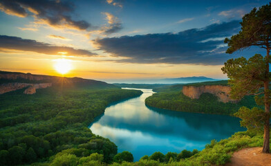 Sun Setting Over River in Mountains