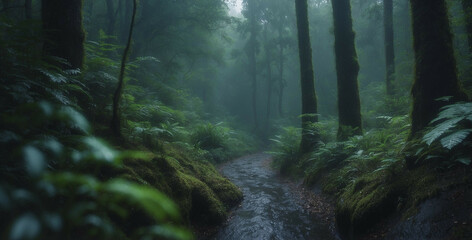 Misty Rainfall Trickling Through a Lush Forest Path at Dawn