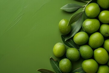 Fresh Green Olives With Leaves on a Textured Olive-Colored Background
