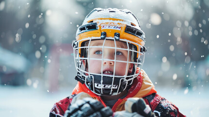 Portrait of boy hockey player wearing sportwear and helmet. Young male sportsman. Children's hockey club player in sport equipment.