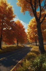 Obraz premium Serene Autumn Road Flanked by Vibrant Orange Trees Under a Clear Sky
