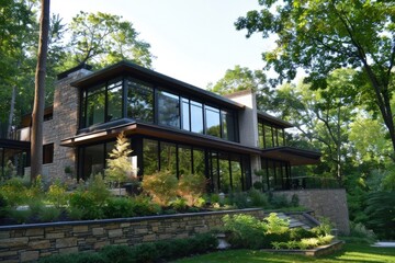 Modern house facade on a hill in the forest, architecture concept.
