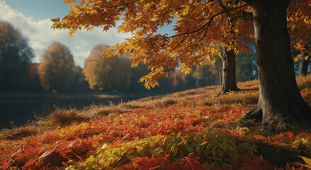 Fototapeta premium Tranquil Autumn Scene With Golden Leaves
