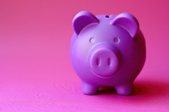 Purple piggy bank, savings and finance concept, purple background.