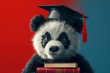 a panda bear wearing a graduation cap and a book