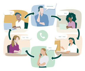 Communication between four people with each other through a telephone call.