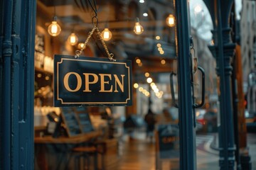 Sign written open on the glass door of a coffee shop, business concept.