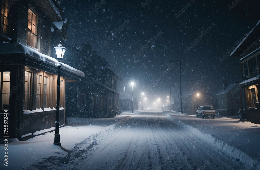 Poster snowy street illuminated at night