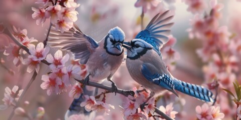  blooming peach blossoms by the lake , two cute chubby Blue Jay bird flying up , pecking flowers , kiss each , Nikon D850 , and the lens focal length is 120mm  - obrazy, fototapety, plakaty