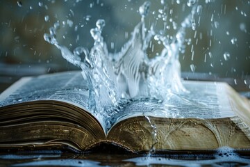 Water gushing from an open Bible, blue background.