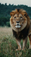 Naklejka premium Lion Walking Across Lush Green Field