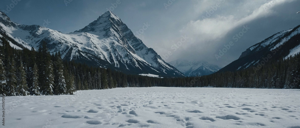 Canvas Prints Snow Covered Field With Trees and Mountains