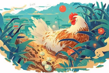 Fototapeten Cute cartoon chicken illustration, chicken laying egg scene illustration © lin