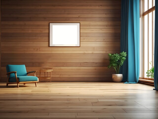 An empty room with a wooden floor and an image on the wall.