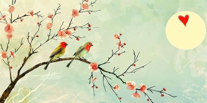 Lovebirds on a Branch: A charming illustration of two birds perched on a blooming tree branch, surrounded by delicate flowers and a heart-shaped sun water color 
