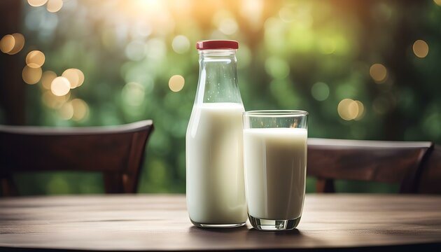 Glass of milk and milk bottle on table
