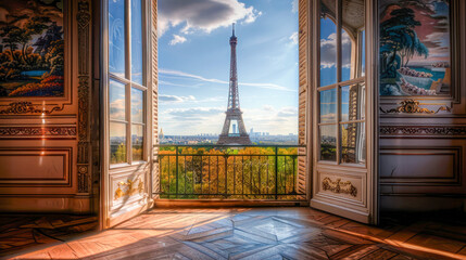 View of the Eiffel Tower and the Seine River through the open balcony window of a vacation rental apartment on the Right Bank in Paris. Travel, real estate in Paris for sale, booking, rent. - obrazy, fototapety, plakaty