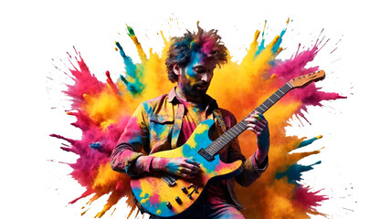 Silhouette of guitarist at concert with multicolor powder paint explosion around isolated on...