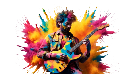 Silhouette of guitarist at concert with multicolor powder paint explosion around isolated on transparent background