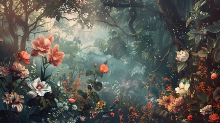 Elegant vintage wallpaper featuring lush botanical flowers set against a fantasy landscape of misty woods and magical glimmers
