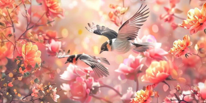 3w A CG rendering of a pair of love magpies flying on a peony branch, orange and pink and yellow, bright colors, best quality