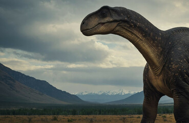 Apatosaurus Close Up in Field With Mountains