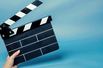 Person holding a cinema clapperboard, cinematographic production, blue background. - obrazy, fototapety, plakaty