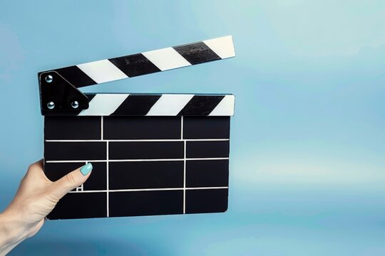 Person holding a cinema clapperboard, cinematographic production, blue background.