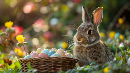 Fototapeta na wymiar easter bunny with a basket with easter eggs, ai 