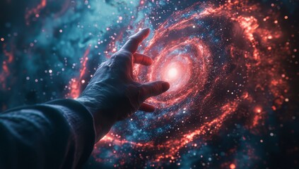 Person's hand is touching a spiral moving towards a galaxy