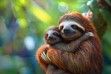 Fototapeta premium Endearing 3D image of a sloth mom and her baby in a cozy hug set in a vibrant animated style with a vivid natural background
