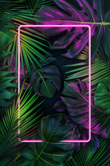 Rectangle neon effect frame on tropical leaves. Generative AI. - 755674209