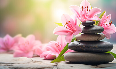 Fototapeta na wymiar Spa still life with zen stones and flowers, yoga meditation concept illustration background