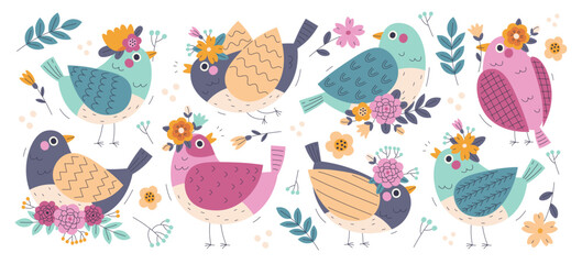 Various cute colorful birds characters with different folk ornaments, bloom bouquet, flower wreath